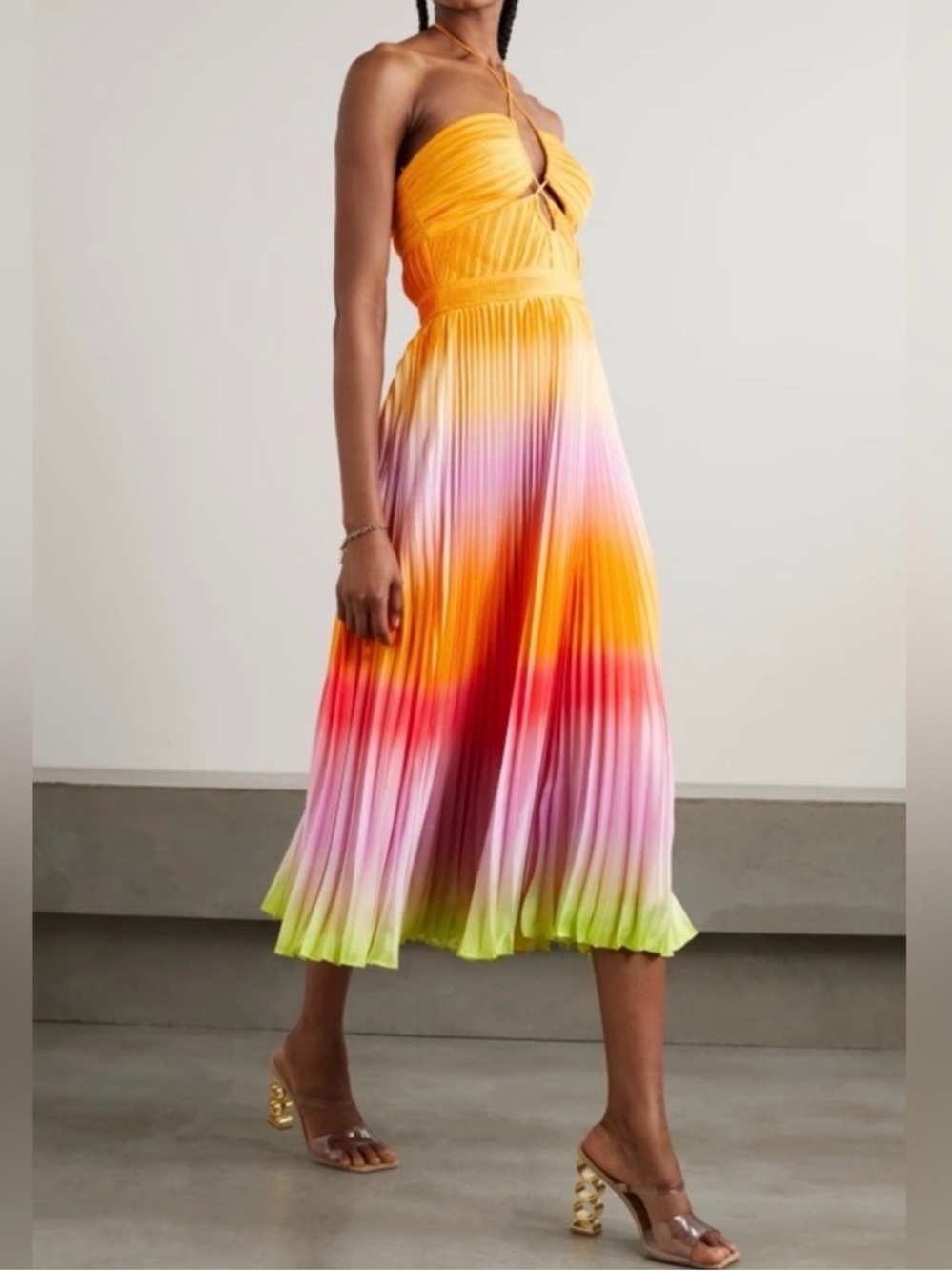 Jonathan Simkhai Annita Halter Cut-Out Pleated Midi Dress, Spritz Ombre, Size 10